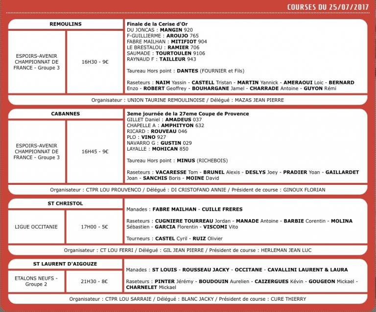 Calendrier Course Camarguaise – 21 au 25 juillet 2017 – Toril TV