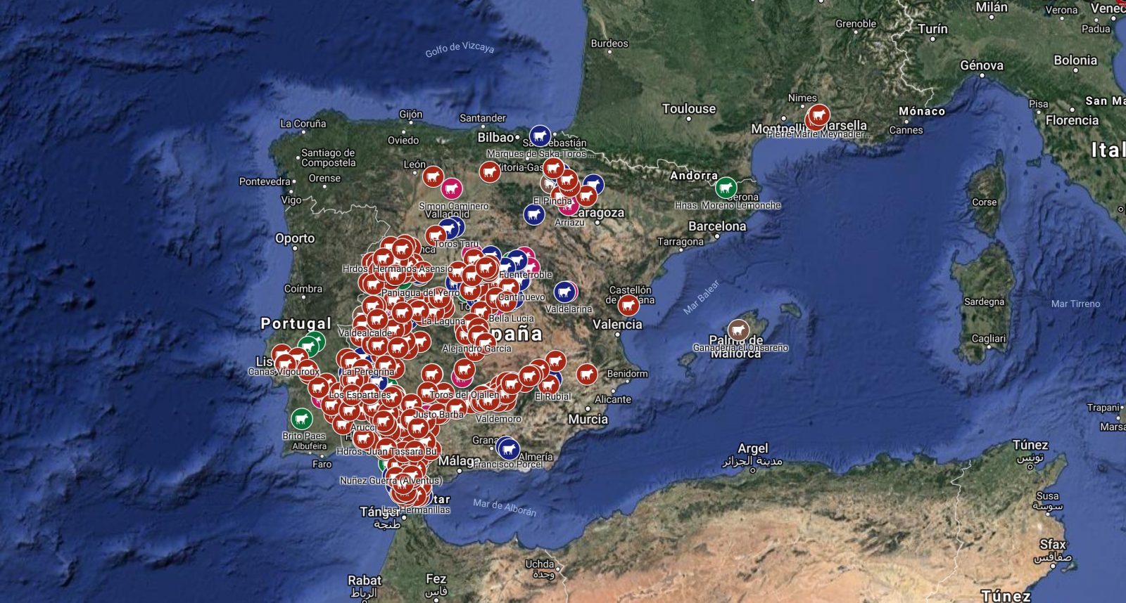 La carte de localisation des principales ganaderías de toros de lidia en Espagne, Portugal et France, qui appartiennent aux 5 associations Espagnole