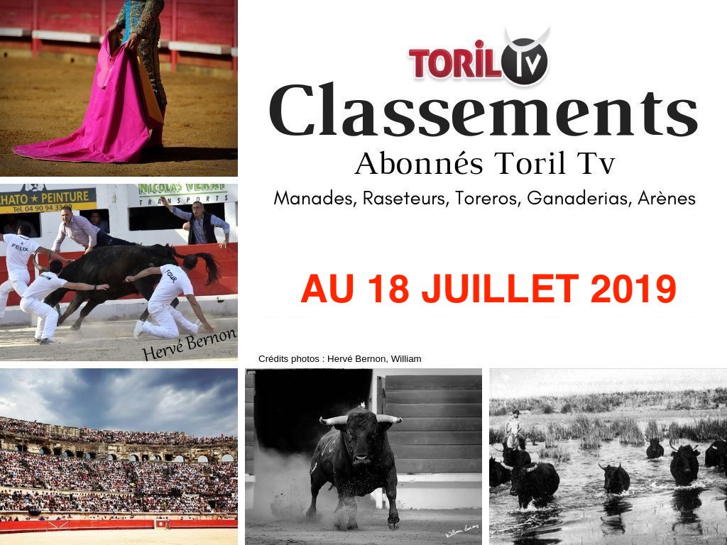 CLASSEMENTS ABONNÉS TORIL TV au 18/07/2019 // Manades, Raseteurs ,Toreros , Ganaderias et Arènes