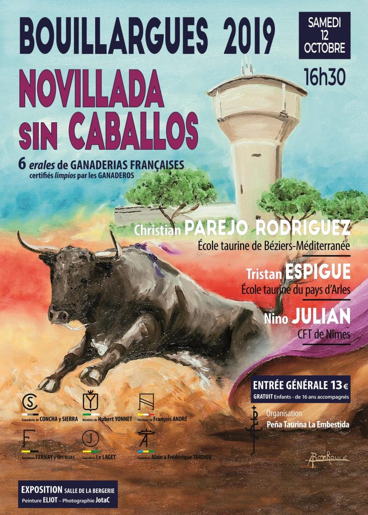 BOUILLARGUES // Cartel officiel de la novillada sans picadors du 12 octobre 2019