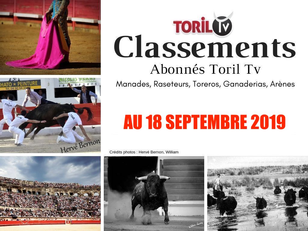 CLASSEMENTS ABONNÉS TORIL TV au 18/09/2019 // Manades, Raseteurs ,Toreros , Ganaderias et Arènes